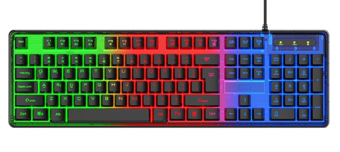 teclado de jogos com fio, iluminação de 3 cores, 19 teclas anti-fantasma, laser gravado