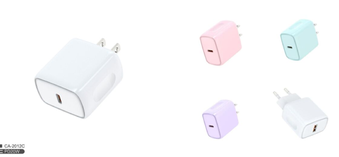 Carregador PD USB-C de 20W, Plugue dos EUA, Entrada Global 100-240V, Vermelho/Roxo/Azul/Branco