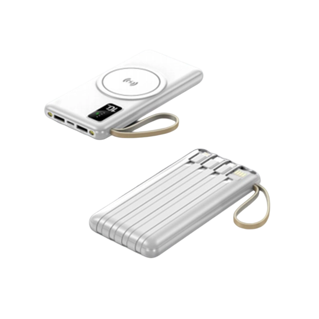Power Bank sem fio 10000mAh com 4 cabos, 3 cores