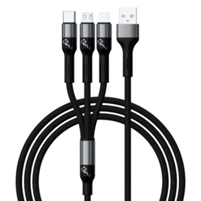 Cabo trançado de carregamento rápido 3 em 1 (USB-A para Lightning/Micro/Type-C), concha de alumínio