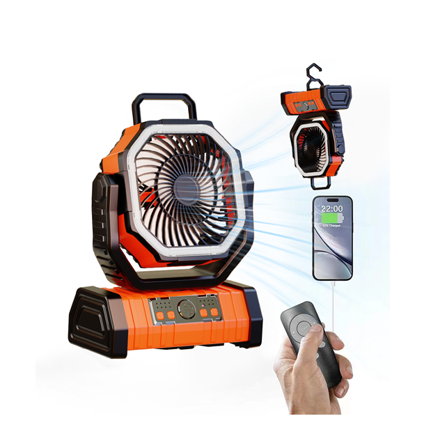 Ventilador de acampamento giratório de 270 graus Bateria de 20.000 mAh, portátil 3 em 1, luz noturna e banco de energia
