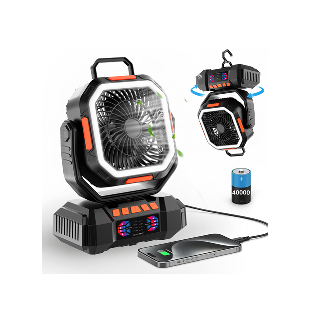 Ventilador de acampamento de 40000mAh com Oscilação de 720 graus, Fluxo de Ar de 4 Velocidades e Luz Noturna de 5 Níveis, Carga Rápida de 22,5W, Temporizador e Controle Remoto