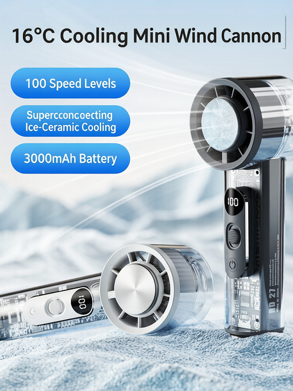 Ventilador portátil de refrigeração semicondutora, ajuste de 100 níveis, display digital, 3000mAh Tipo-C com base e gancho