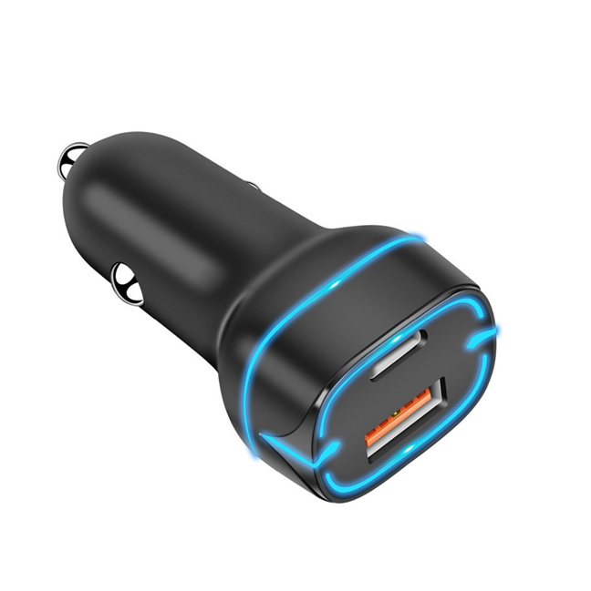 38W Dual-Port Car Charger, PD20W+QC18W Real Output, 12-24V Wide Input, LED azul