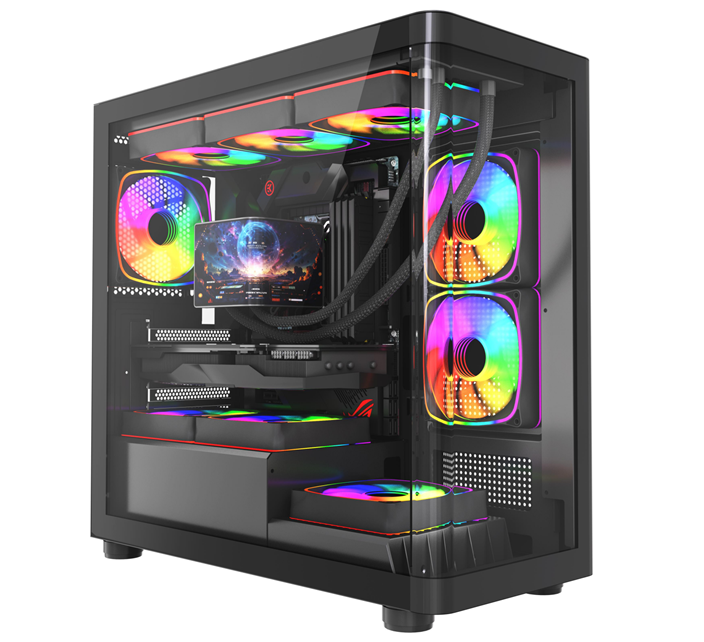 Caixa de jogos ATX Mid-Tower. Painel de vidro curvo. Suporte de radiador 360 mm.