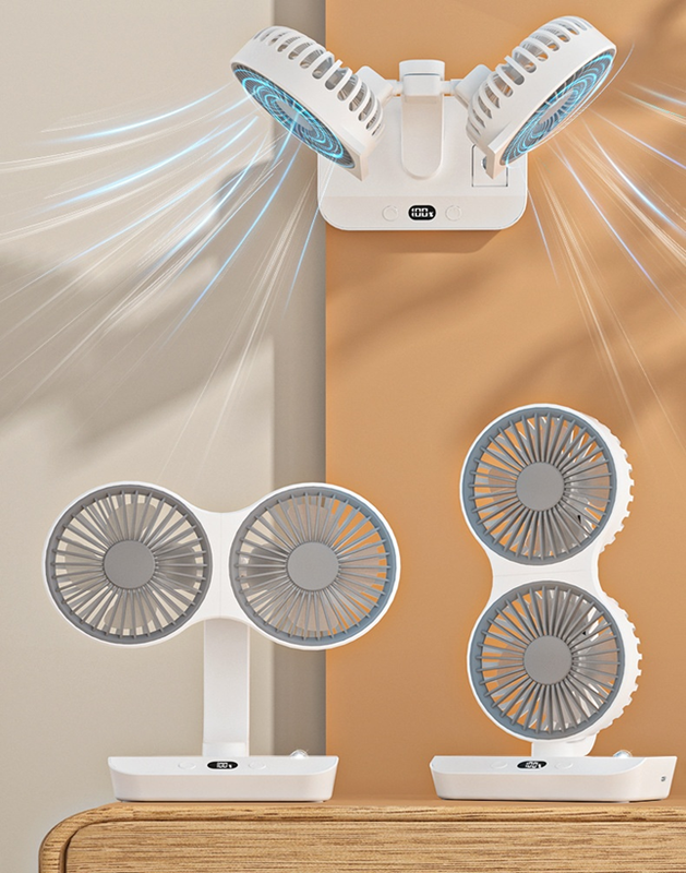 Ventilador Recarregável 4 em 1 com Lâmpada, de Mesa/Parede/Suspenso, Rotação de 360 graus e Bateria de 2400mAh