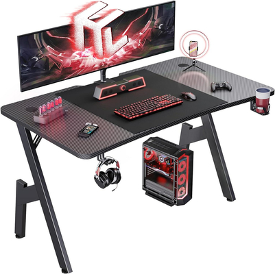 Mesa de jogos ergonômica com placa de partículas de 1,2 cm e cobertura de fibra de carbono com suporte de copos e fones de ouvido